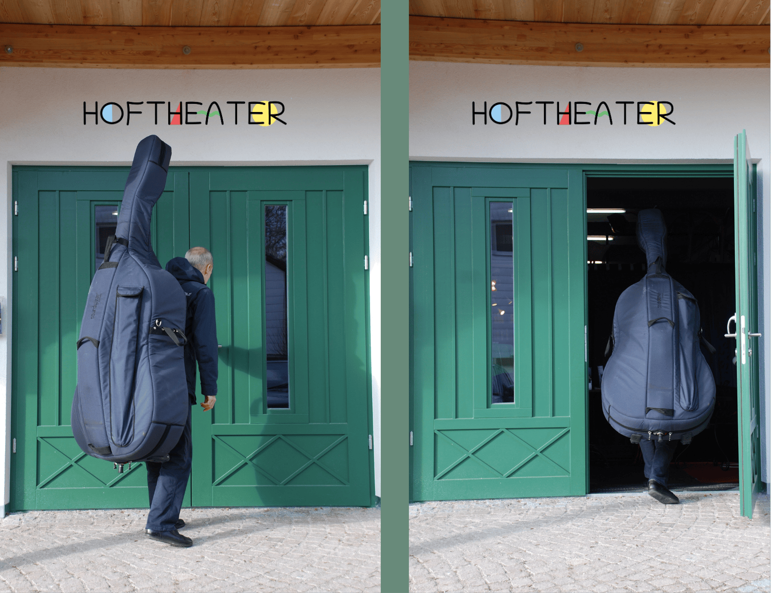 Ein Kontrabassist auf dem Weg zur Arbeit